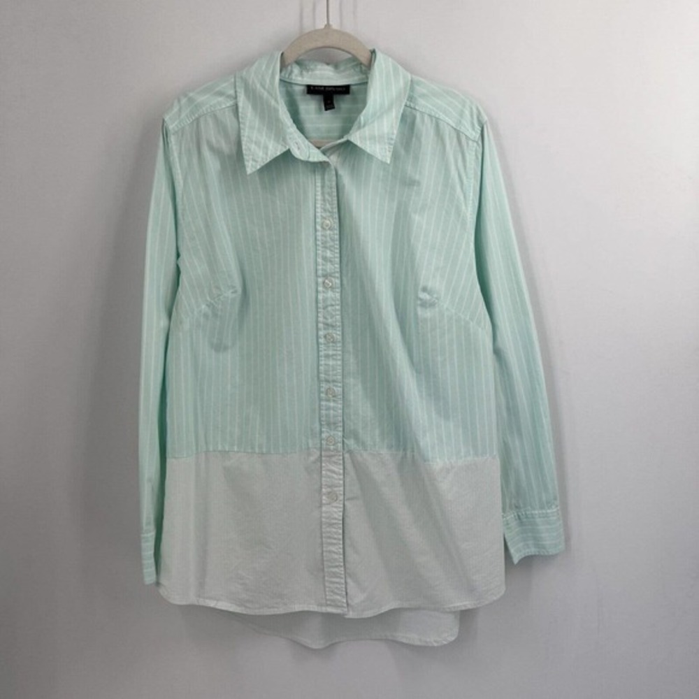 Lane Bryant Top Womens 14 Mint Green Striped Button Up Long Sleeve Tunic Stretch